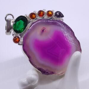 Large Pink Agate Slice Pendant with Multi-Color Gemstones 3x2"